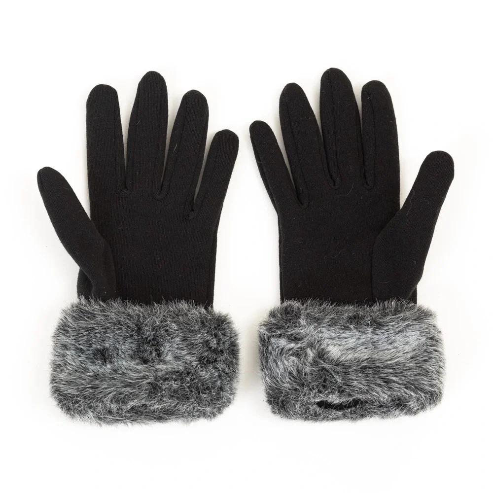 Faux fur trimmed gloves luxury black & gray